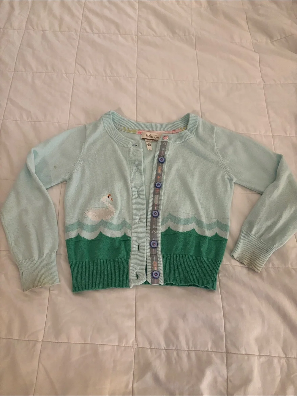 Matilda Jane Sz 4 girls Light Aqua Swan Cardigan Sweater